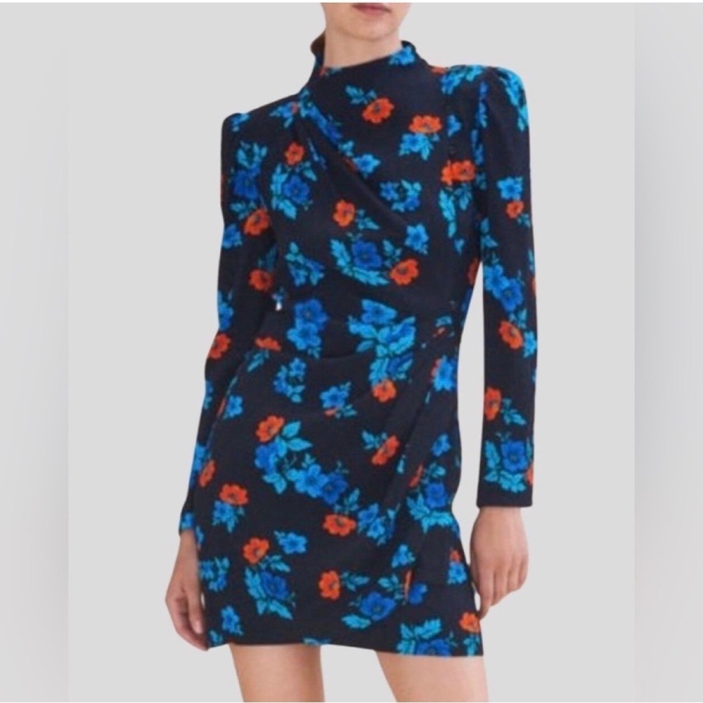 Maje Ripita Runched Dress with Blue and orange Floral Pattern size 2